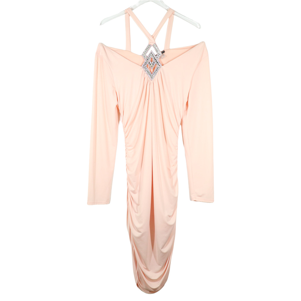 Venus Ruched Bodycon Rhinestone Dress Size XL Peach Stretch Cutout Long Sleeve